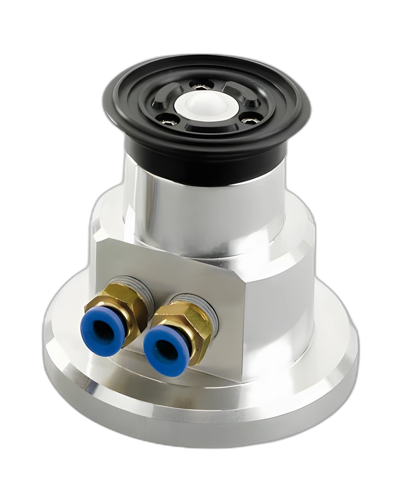 Round vacuum cups with ball valve, and high self-locking support, for glass